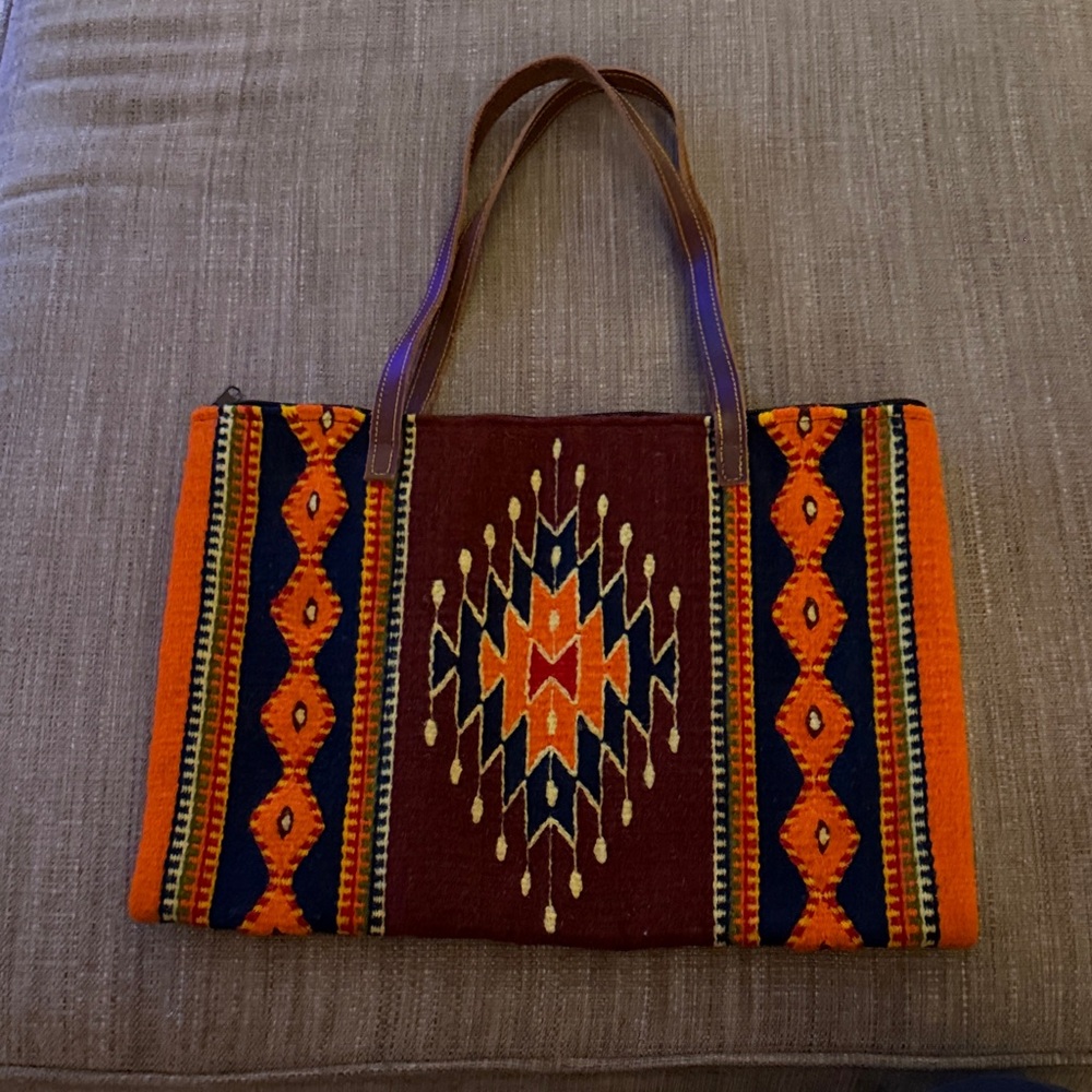Handwoven Orange & Navy Geometric Tote Bag